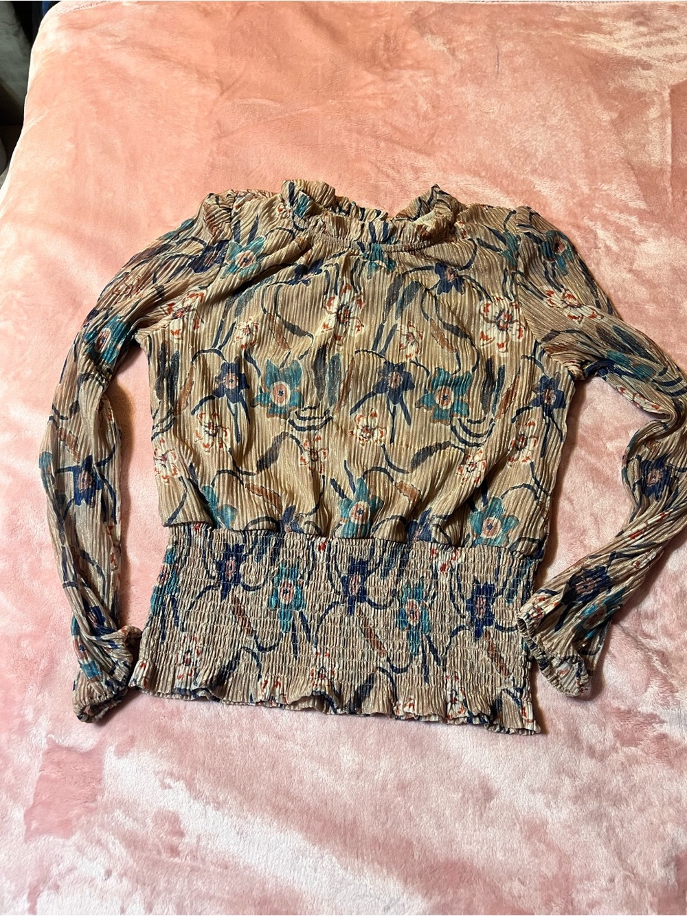Joie Beige Floral Smocked Waist Long-Sleeve Blouse with Blue Accents